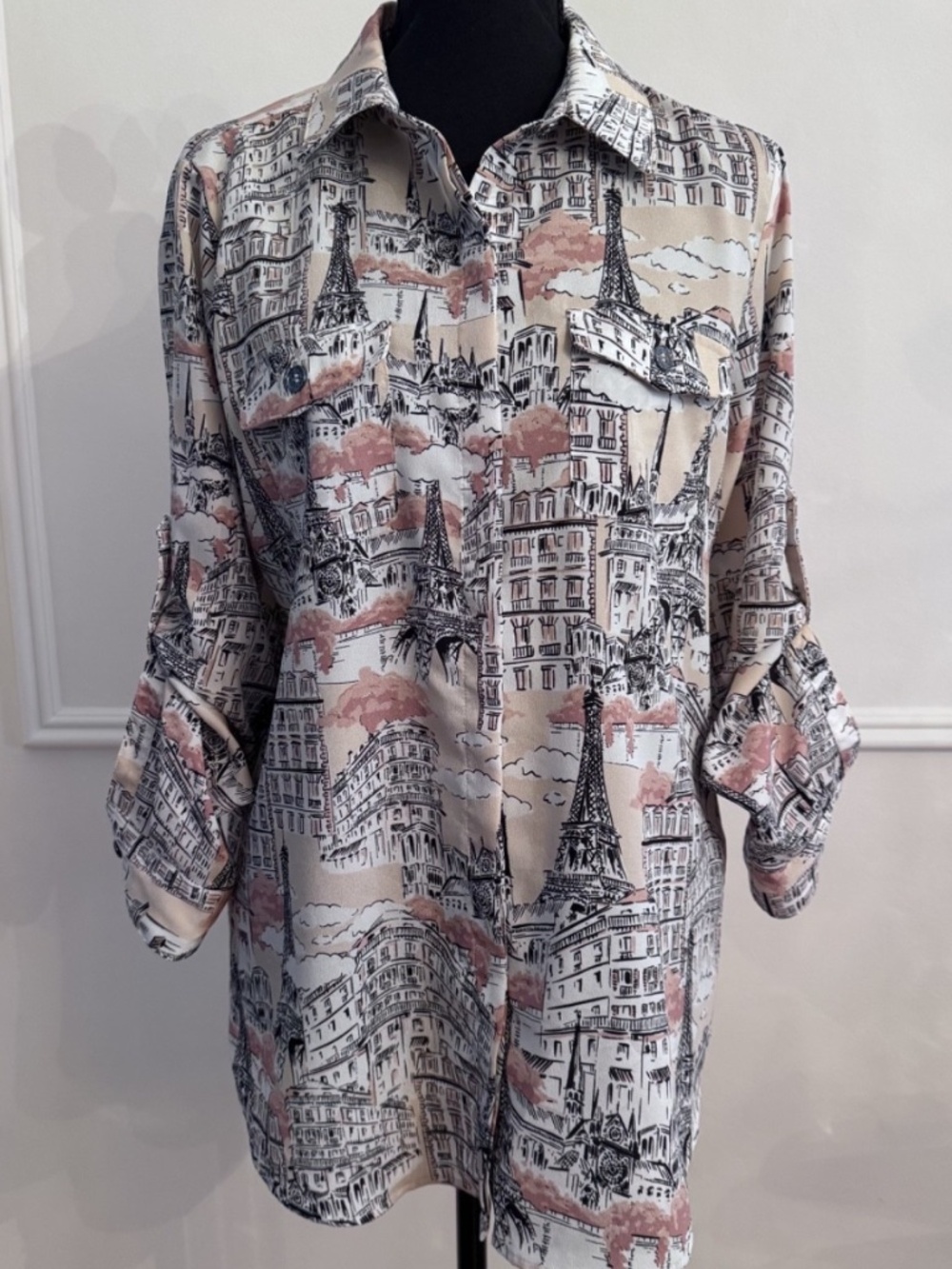 Karl Lagerfeld Paris Dune Pink Eiffel Tower Print Button Front Blouse Sz Small